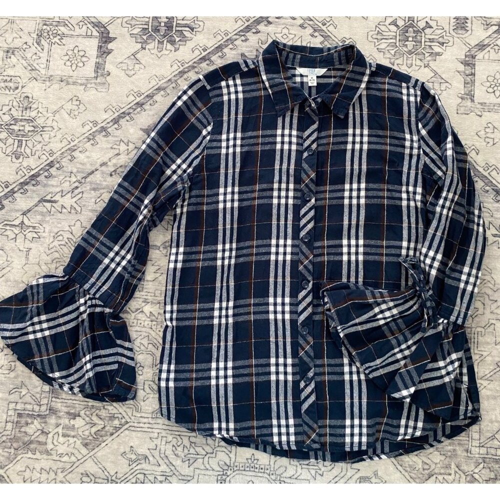 Womens Blue Plaid Flannel Button-Up Shirt Bell Sleeves Medium 8-10 Time And Tru
